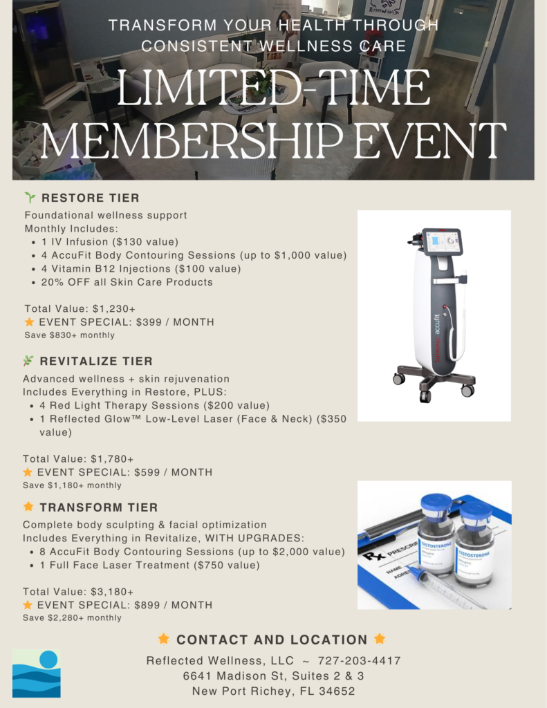 Reflected Wellness limited-time membership event with restore tier, revitalize tier, transform tier